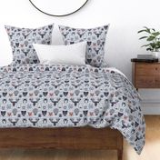 Small scale // Friendly Canadian Geometric Animals // grey blue stripes linen texture background black and white dark orange brown and grey bear moose fox lynx beaver castor wolf raccoon bison