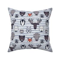 Small scale // Friendly Canadian Geometric Animals // grey blue stripes linen texture background black and white dark orange brown and grey bear moose fox lynx beaver castor wolf raccoon bison