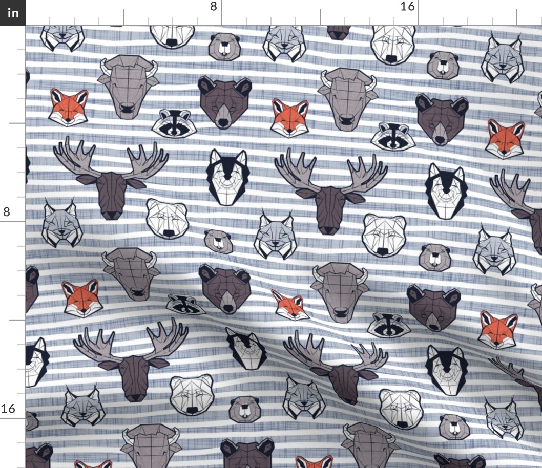 Small scale // Friendly Canadian Geometric Animals // grey blue stripes linen texture background black and white dark orange brown and grey bear moose fox lynx beaver castor wolf raccoon bison