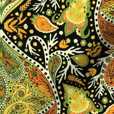 Retro Green, Yellow & Orange Paisley Pattern