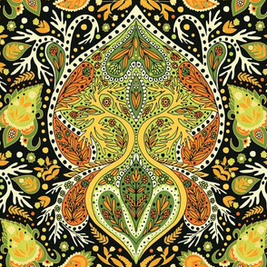 Retro Green, Yellow & Orange Paisley Pattern