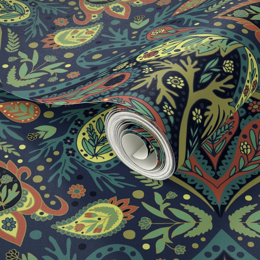 Paisley Pattern in Blue, Brick-Red & Green