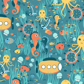 Submarine, anchor, steering wheel, octopus, seahorse, fish, jellyfish, seashells on a blue background