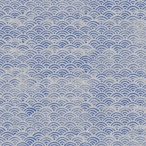 Ocean Block Print Waves in Blue on Grey | Japanese waves in ultramarine blue on grey linen pattern, Seigaiha print, beach fabric.