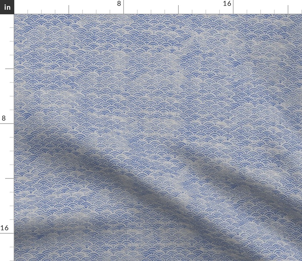 Ocean Block Print Waves in Blue on Grey | Japanese waves in ultramarine blue on grey linen pattern, Seigaiha print, beach fabric.