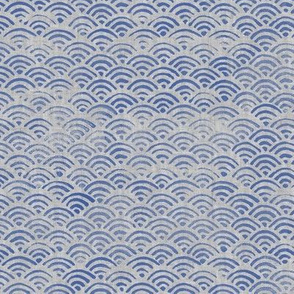 Ocean Block Print Waves in Blue on Grey (large scale)| Japanese waves in ultramarine blue on grey linen pattern, Seigaiha print, beach fabric.