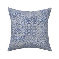 Ocean Block Print Waves in Blue on Grey (xl scale)| Japanese waves in ultramarine blue on grey linen pattern, Seigaiha print, beach fabric.