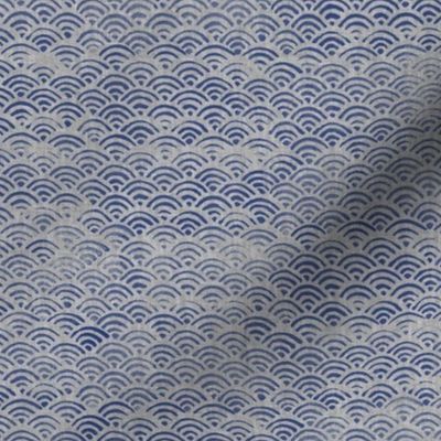 Ocean Block Print Waves in Navy Blue on Grey | Japanese waves in indigo blue on grey linen pattern, Seigaiha print, beach fabric.