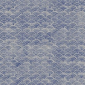 Ocean Block Print Waves in Navy Blue on Grey | Japanese waves in indigo blue on grey linen pattern, Seigaiha print, beach fabric.