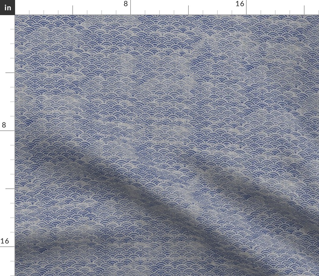 Ocean Block Print Waves in Navy Blue on Grey | Japanese waves in indigo blue on grey linen pattern, Seigaiha print, beach fabric.