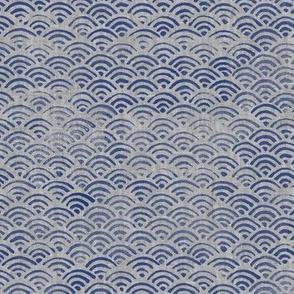 Ocean Block Print Waves in Navy Blue on Grey (large scale)| Japanese waves in indigo blue on grey linen pattern, Seigaiha print, beach fabric.
