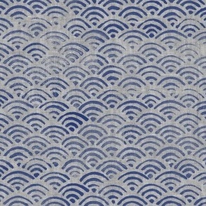 Ocean Block Print Waves in Navy Blue on Grey (xl scale)| Japanese waves in indigo blue on grey linen pattern, Seigaiha print, beach fabric.