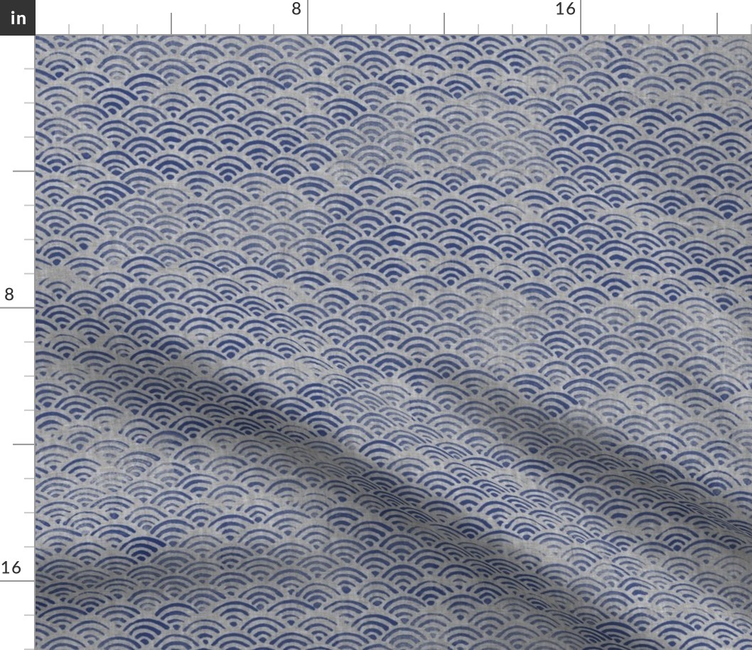 Ocean Block Print Waves in Navy Blue on Grey (xl scale)| Japanese waves in indigo blue on grey linen pattern, Seigaiha print, beach fabric.