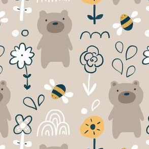Cute little bear, bees and flowers.
