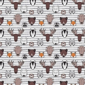 Tiny scale // Friendly Canadian Geometric Animals // light grey stripes linen texture background black and white orange brown and grey bear moose fox lynx beaver castor wolf raccoon bison