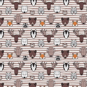 Tiny scale // Friendly Canadian Geometric Animals // brown taupe stripes faux texture background black and white orange brown and grey bear moose fox lynx beaver castor wolf raccoon bison