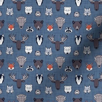 Tiny scale // Friendly Canadian Geometric Animals // blue linen texture background black and white dark orange brown and grey bear moose fox lynx beaver castor wolf raccoon bison