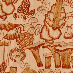 Pyrography Mushroom Extravaganza- Wood Burning Art- Natural- Burnt Umber, Bronze, Rust, Wheat- Large Scale