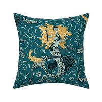 Gothic Mermaid Witch- Halloween in the Magical Realm- Teal and Gold- Large Scale