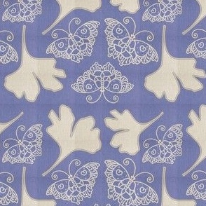 BLUE BUTTERFLIES fabric-1B with GINGKO leaves  linen-colors-mixnatural-on WISTERIA-MOVED