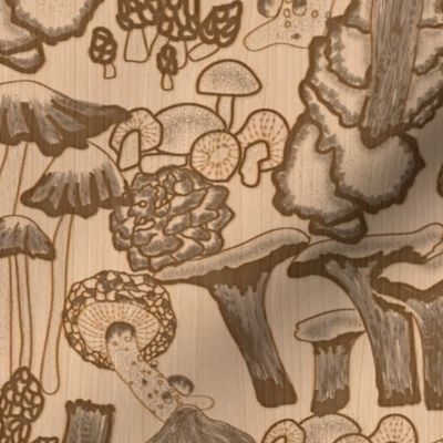 Pyrography Mushroom Extravaganza- Wood Burning Art- Natural- Silver, Sepia, Tan, Wheat- Regular Scale