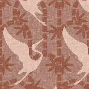 Zen Deco Tropics- Art Deco Bamboo and Cranes- Apricot Rose- Large Scale