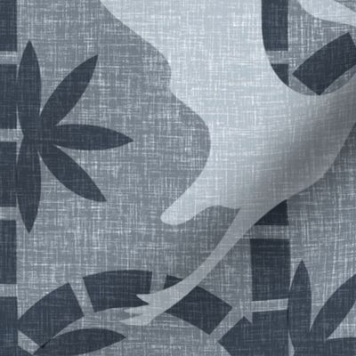 Zen Deco Tropics- Art Deco Bamboo and Cranes- Slate Charcoal- Large Scale