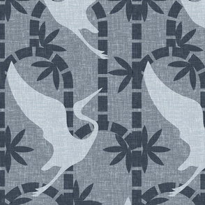 Zen Deco Tropics- Art Deco Bamboo and Cranes- Slate Charcoal- Large Scale