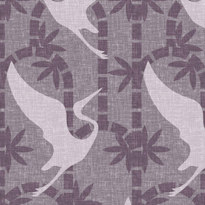 Zen Deco Tropics- Art Deco Bamboo and Cranes- Lilac Plum- Large Scale