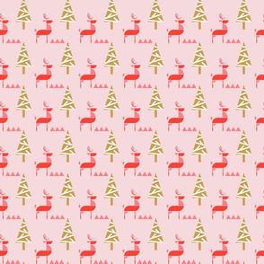 Scandinavian Reindeer in woodland- Abstract Geometric Doe with Christmas Trees- Pink/Goldenrod/Coral/Light Watermelon Pink- Small Scale