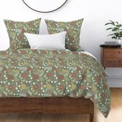 Inspiring Dreams- Coral or Floral, Anemone or Abstract- Mustard, Rust, Terra Cotta, Light Sage, Green- Artichoke Background- Regular Scale