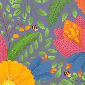 Big Scale Boho Doodle Detailed Flowers on Lilac Background