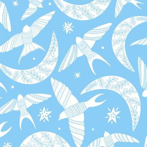 Flying birds in the sky, stars and moon with folk art florals on light blue, kids