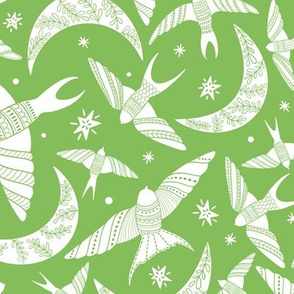 Flying birds in the sky, stars and moon with folk art florals on bright green