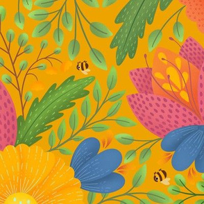 Big Scale Boho Doodle Detailed Flowers on Yellow Background with bees