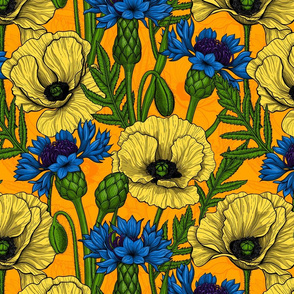 Yellow poppies and blue cornflowers on orange