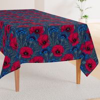 Red poppies and blue cornflowers on blue