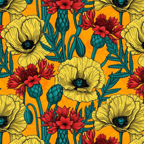 Yellow poppies and red cornflowers on orange