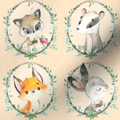 Young Forest Friends (Light Saffron) Woodland Animals w/ Wreath, MEDIUM scale