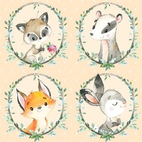 Young Forest Friends (Light Saffron) Woodland Animals w/ Wreath, MEDIUM scale