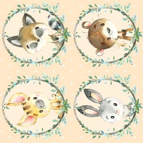 Young Forest Friends (Light Saffron) Woodland Animals w/ Wreath, MEDIUM scale, ROTATED