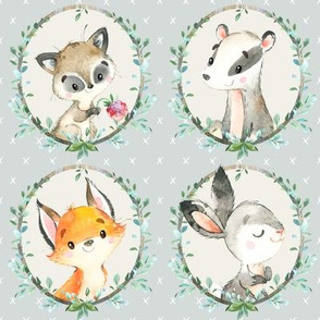 Young Forest Friends (frost) Woodland Animals w/ Wreath, MEDIUM scale