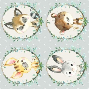 Young Forest Friends (frost) Woodland Animals w/ Wreath, MEDIUM scale, ROTATED