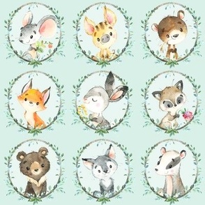 Young Forest Friends (soft mint) Woodland Animals w/ Wreath, SMALL scale