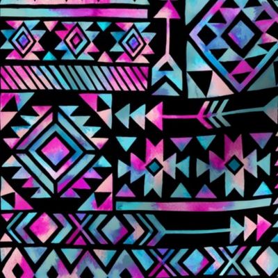 Tribal Summer /  Pink Turquoise on Black Background / Large Scale