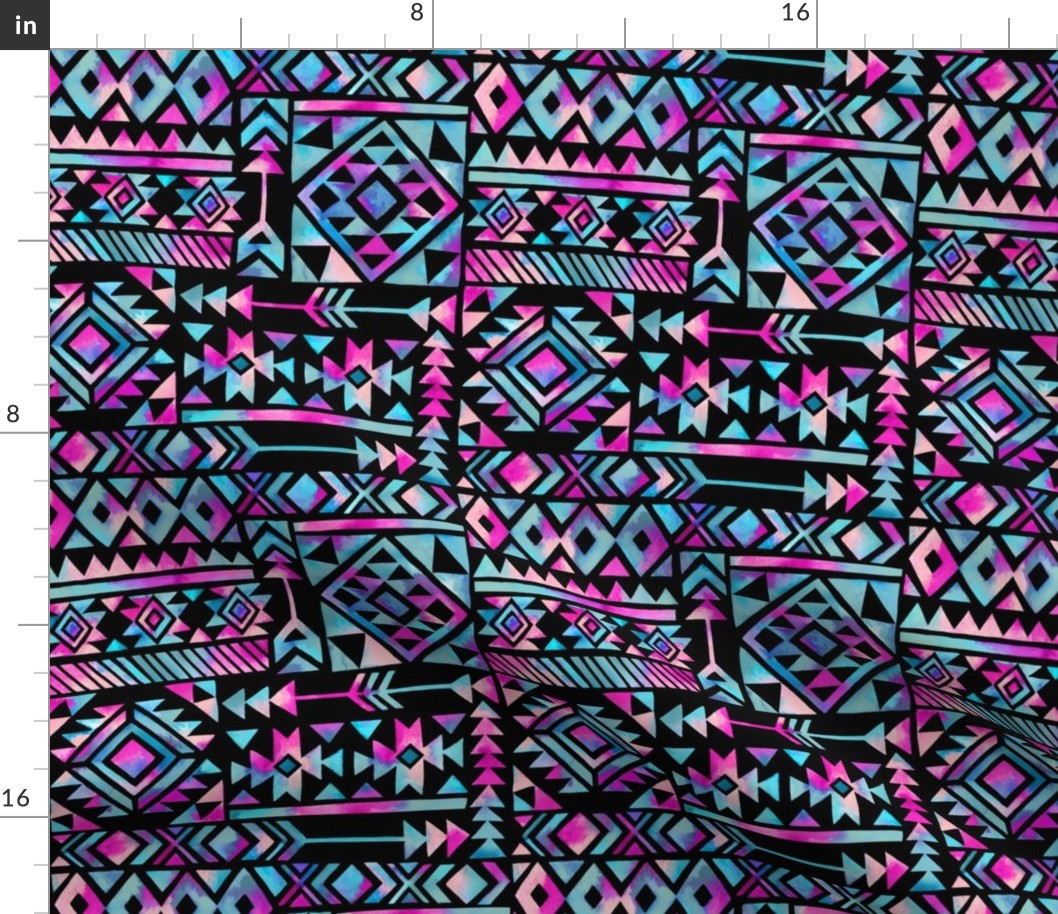 Tribal Summer /  Pink Turquoise on Black Background / Large Scale