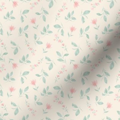 Pink Floral Flowers and Leaves on a Cream Background