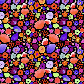 Watercolour floral in orange and purple on black