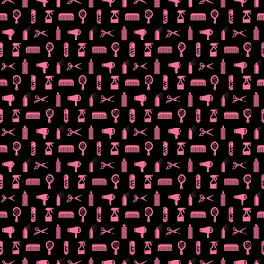 Salon & Barber Hairdresser Pattern in Coral Pink with Black Background (Mini Scale)