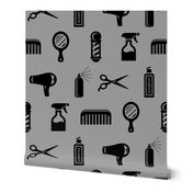 Salon & Barber Hairdresser Pattern in Black with Medium Gray Background (Mini Scale)